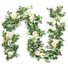 2 Pack Eucalyptus Garland with Champagne Rose, Greenery Garland Bulk Artificial Silk Floral Eucalyptus Leaves Vines(C)