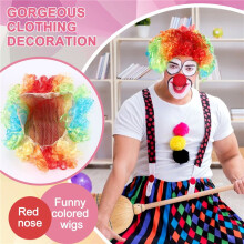 Red Foam Clown Nose + Multi-colored Clown Wig for Masquerade Cosplay fancy dress.