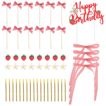 4Sets Elegante Aardbei Strik Cake Toppers Nonwoven Stoffen Decoratie