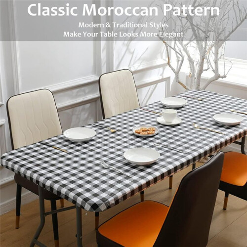3 Pcs Fitted Tablecloth for Table,Stretch Waterproof Elastic Vinyl Picnic Table Cover with Flannel Backed Lining(Black) 1