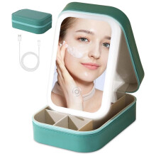 Small Travel LED Makeup Mirror Case with 3 Adjustable Color Light Settings, Cosmetic Train Case Green