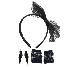 3Stk Schwarzes Spitzenhaarband Neonohrringe Netzhandschuhe 80Er Party