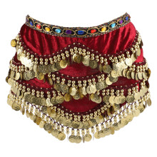 3Pcs Belly Dance Belt Hip Skirt in Dark Red with Coins for Women
