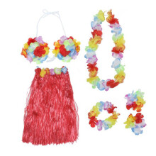 3Pcs Red Hawaii Hula Skirt Set Elastic Waistband Bra & Flower Jewelry