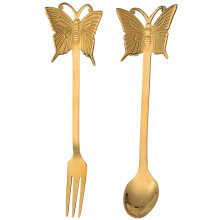 5Sets Golden Reusable Dessert Spoon Appetizer Fork Butterfly Pattern