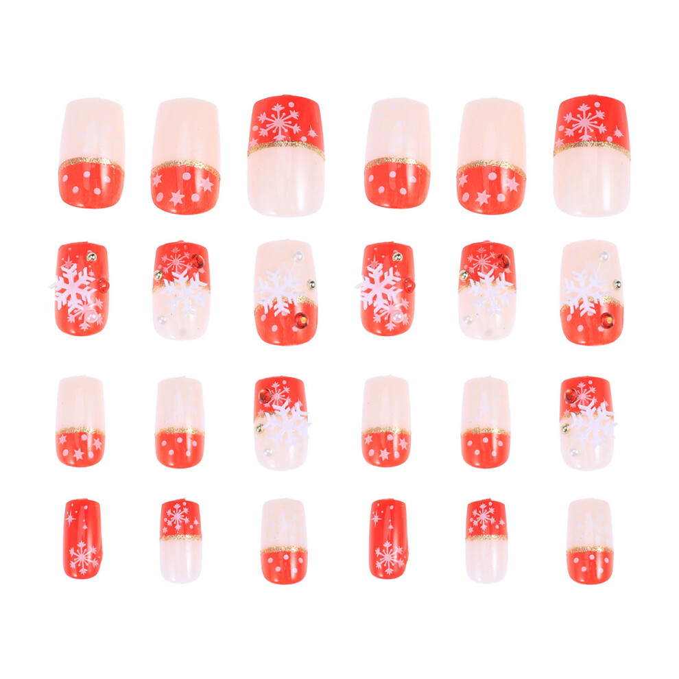 Villcase 48Pcs Red False Nails Pre-Designed Snowflake Diy Nail Art Accessories