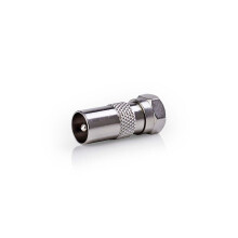 Satelliitti- ja antenni-sovitin | F uros | IEC (Coax) Uros | Niklattu | 75 Ohm | Suora | Metalli | Hopea | 1 kpl | Laatikko