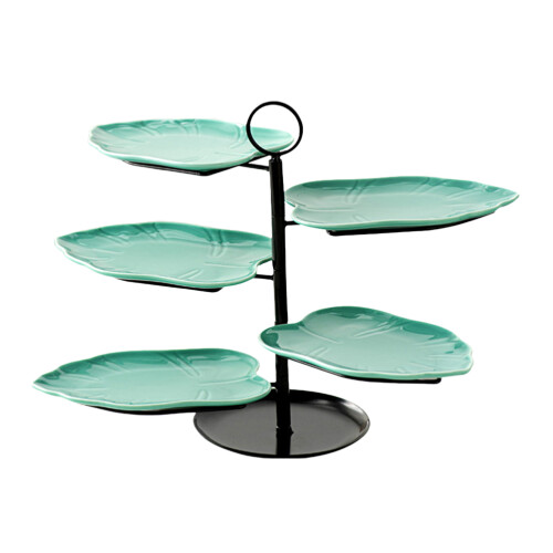 1Set Sturdy Ceramic Cake Display Tray with Iron Frame for Party Use