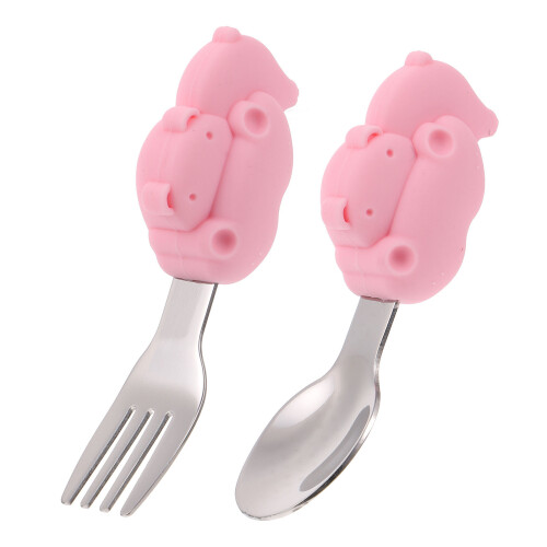 3Sets Baby Feeding Tableware Pink Stainless Steel Spoon and Fork