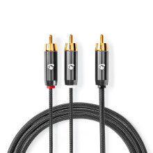 Cablu subwoofer | RCA Masculin | 2x RCA Mascul | Placat cu aur | 3,00 m | rotund | 4,5 mm | Gri / Gri cu metal | Cutie cu geam acoperit