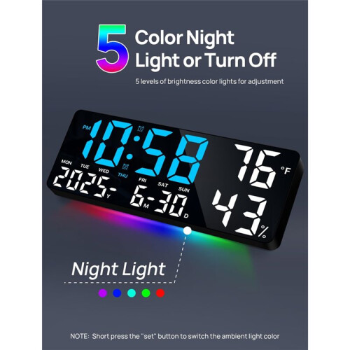 13.8in Large Digital WallClock with Remote Control,Dual Alarm with  LED Screen Dispaly,Night Light,Humidity,Date,Week 2