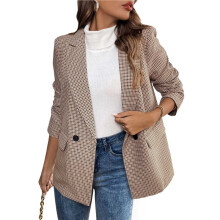 Damen-Blazer mit Reverskragen, Kariert, 2 Knöpfe, Boyfriend-Stil, Hahnentrittmuster, Business-Blazer-Jacke Khaki S