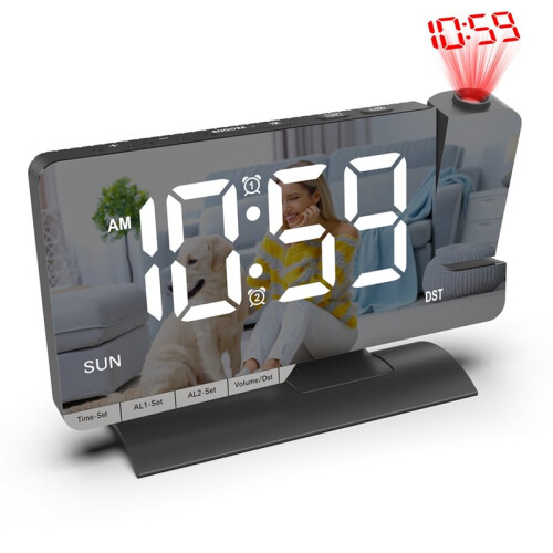Projection Digital Clock,Alarm Clock Bedside,7.3'' LED Mirror with Date Display,Dual Alarm,DST,Snooze Function Black