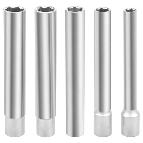 5PCS Deep Metric Socket Set, 3/8-Inch Drive Thin Wall Socket, 6-Point 8-10-12-13-14MM - Extra Long Deep 120MM