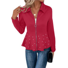 Blazer Elegante con Ribete de Perla para Mujer, con Abertura Frontal, Manga Larga y Cuello Chal Rosa Roja M