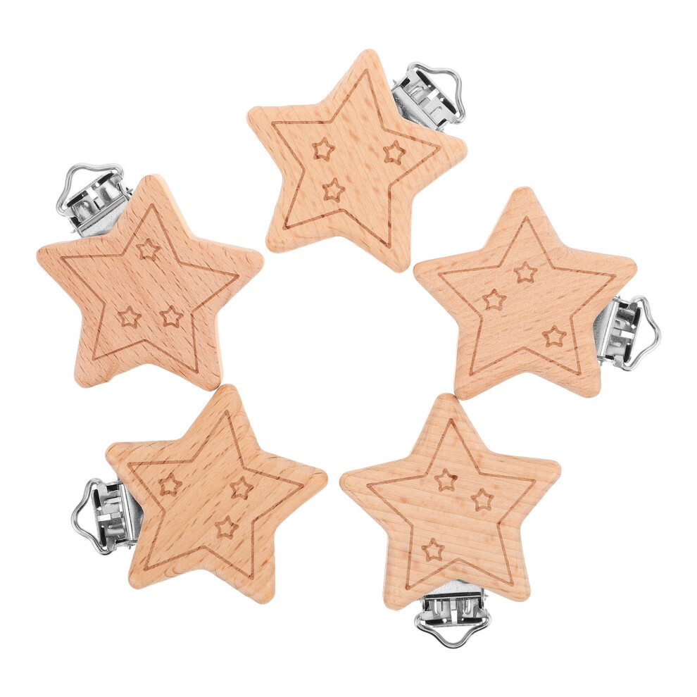 5Pcs Star-Shaped Beech Wood Pacifier Holders Baby Soother Clips Beige Aboofan
