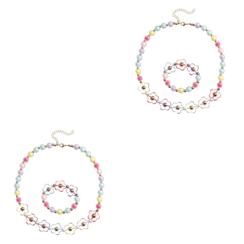 2Ensembles Collier Et Bracelet Fille Fleurs Perles Et Réglable 2