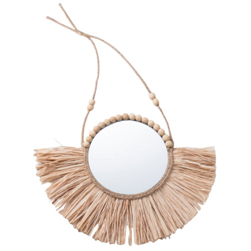 2Pcs Beige Raffia Decorative Wall Mirror Elegant Round Mirror for Home