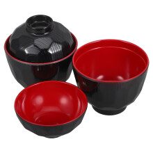 6Pcs Black Deep Soup Bowls with Lid for Miso Udon Rice Japanese Style