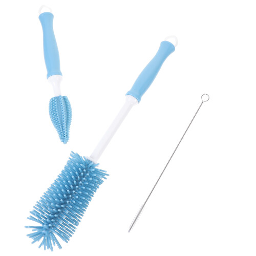 3Pcs Feeding Bottle Brush Cleaner Blue Silicone with Long Handle Grip