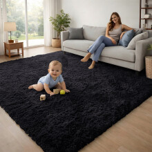 (160cm x 230cm (5ft 3" x 7ft 6")- Large Area Rug) Black Rugs Carpet Runner Mat Fluffy Shaggy Rug