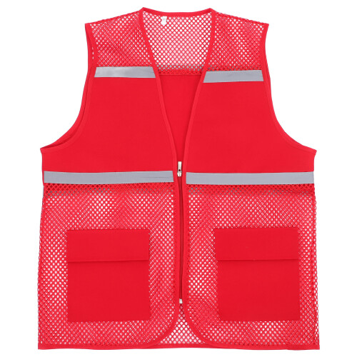 Atmungsaktive Rote Sicherheitsweste Aus Polyester Mit Taschen