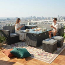 BIRCHTREE 8-Seater Rattan Furniture Set with Fire Pit Table and Side Table & Stool Black
