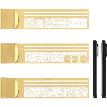 3 Pcs Brass Ruler Clip Set with 2 Fine Point Pens, with 3 Pattern Journal Stencil for Planners, Decorative Notebook