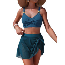 Damen-Bikini-Set mit Hohem Bund, Goldfarbenen Metallapplikationen, Zweiteilig, mit Bauchkontrolle und Bindeknoten Pfauenblau L