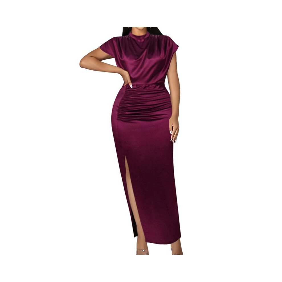 Abito Lungo In Raso Con Spacco Alto Da Donna - Elegante Abito Formale Con Collo A Lupetto E Maniche A Pipistrello Vino Rosso Xl