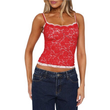 Camisola de Encaje para Mujer, Camiseta Sin Mangas para Salir, Top de Moda Y2K, Tops Cortos de Encaje, Tops de Moda de Verano. Rojo S