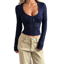 Womens Long Sleeve Going Out Tops Lace V Neck Mesh Crop Shirts Cute Y2K Fall Trendy Outfits Black M