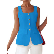 Gilet Blazer Sans Manches pour Femme, Élégant et Décontracté, Col Carré, Idéal pour le Bureau Bleu S