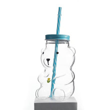 LittleBear Glass Straw Cup, Fresh and Heat-Resistant, Cute Bear Juice, Coffee, and Milk Cup,Borosilicate Glass