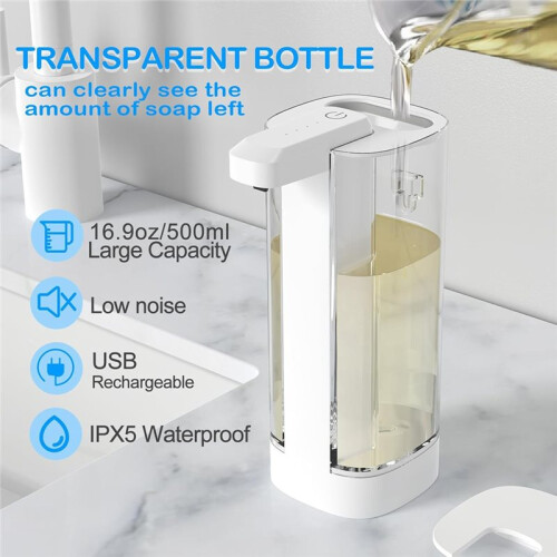 500ML Touchless Transparent Bottle IPX5 Waterproof USB Rechargeable Infrared Automatic Sensor Liquid Soap Dispenser 2