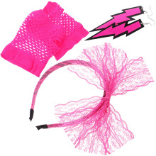 3Pcs Neon Earrings Fishnet Gloves Lace Headband Rosy 80S Costume Set