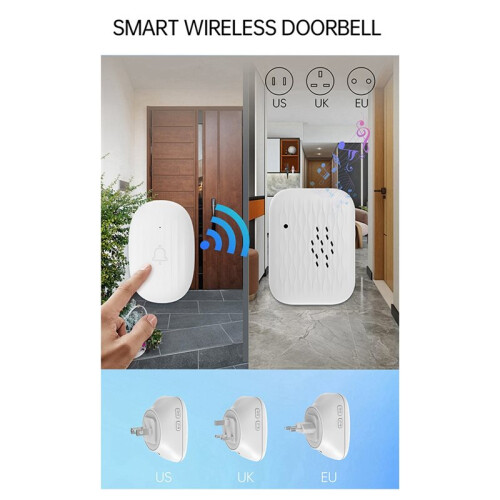 Waterproof Wireless Doorbell RF433  Volume Adjustment Multiple Ringtones Silent  Home EU-PLUG 1