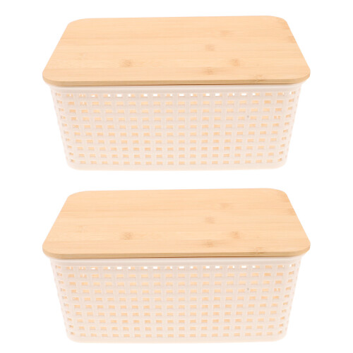 2Pcs Plastic Bamboo Lid Baskets Stylish Kitchen Countertop Organizer