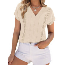 Tops voor Dames, Zomerkleding, Elegante Casual Blouses, Shirts met Korte Mouwen en V-Hals, Werkoutfits Beige XL