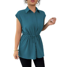 Damesblouses met Knoopsluiting, Casual Peplum Zomertopjes, Elegante Chiffon Werkblouse Meer Blauw XXL