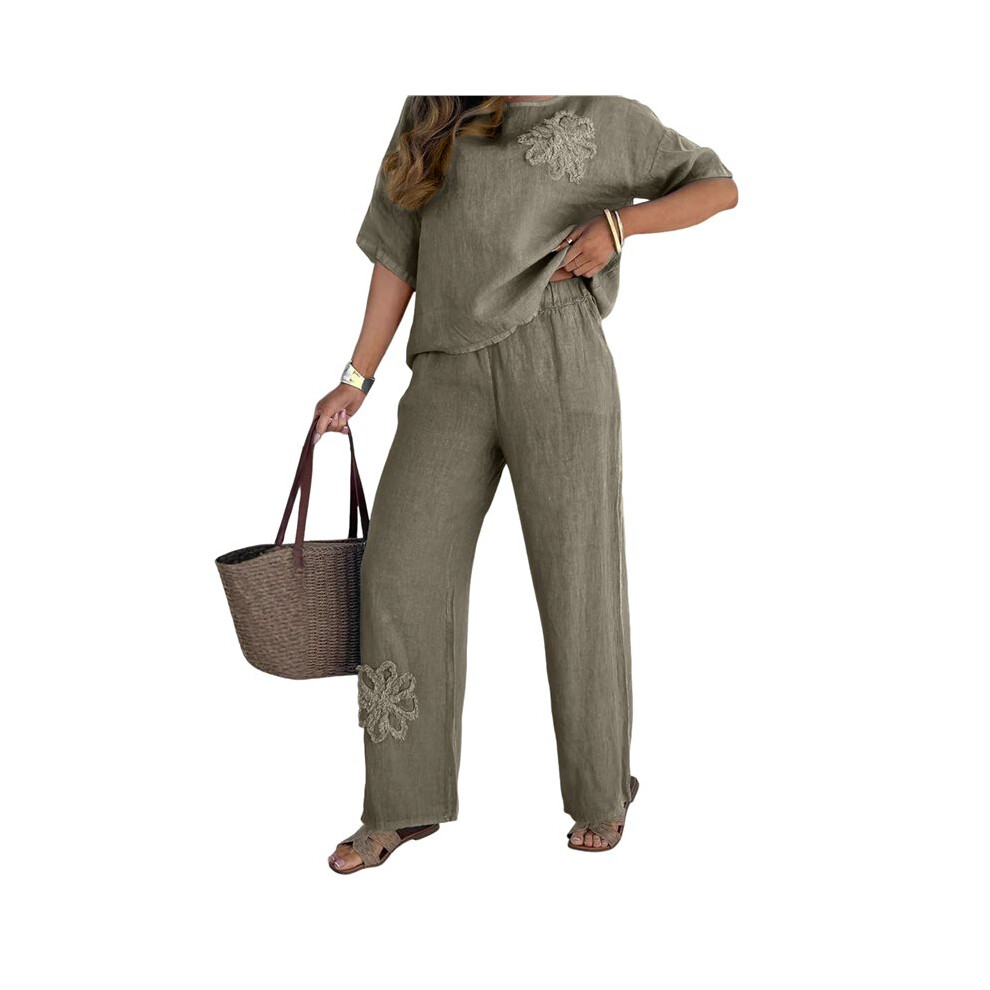 Completi Estivi Da Donna Taglie Forti, Due Pezzi, Camicetta Floreale Con Maniche A Cappuccio, Pantaloni Con Cintura Verde Militare 4XL-image