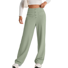 Pantaloni da Donna Elasticizzati A Vita Alta con Bottoni, Gamba Dritta, Pantaloni Casual da Ufficio con Tasca Fagiolo Verde 4XL