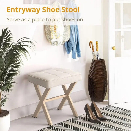 Linen Makeup Stool with Metal X Legs Beige 1