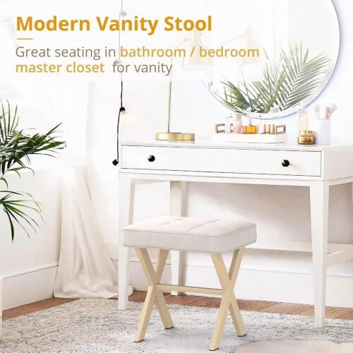 Linen Makeup Stool with Metal X Legs Beige 2