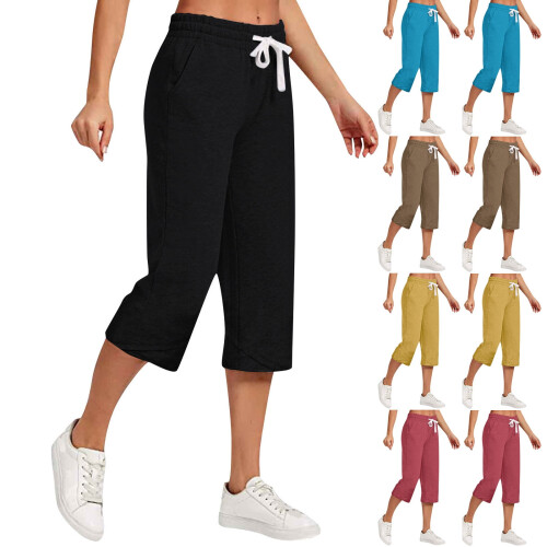 VERUGU Παντελόνι Capris για γυναίκες με κορδόνι, μεγάλο, μονόχρωμο, άνετο, ευέλικτο, 1