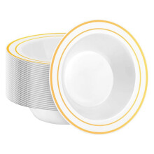 30 Pack Plastic Disposable Bowls, 12oz Salad Bowls with Gold Rim for Dessert, Cereal Bowls for Party, Wedding, Catering
