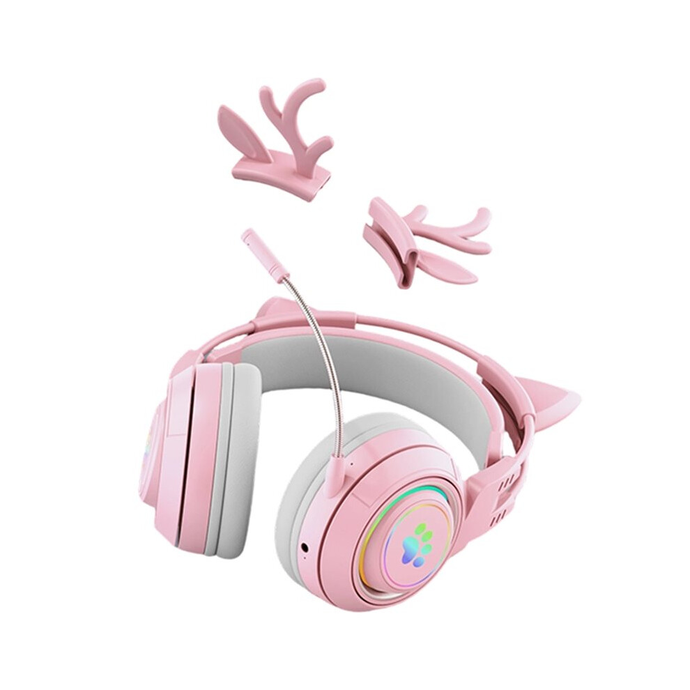 Gaming Headset Cute Antlers Cat Ear Headphones With Rgb Over-Ear Stereo Headset For Kids Gamers C Light 6031515077434