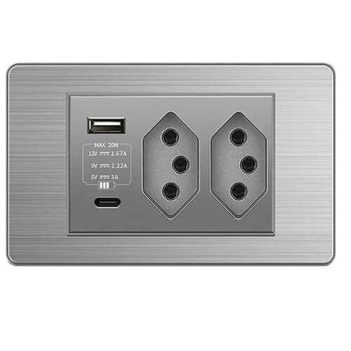 Brazilian Standard Socket Light  Socket Wall Power Socket Dual USB Type-C 20A Fast Charge 20W /Off 2 BR Socket