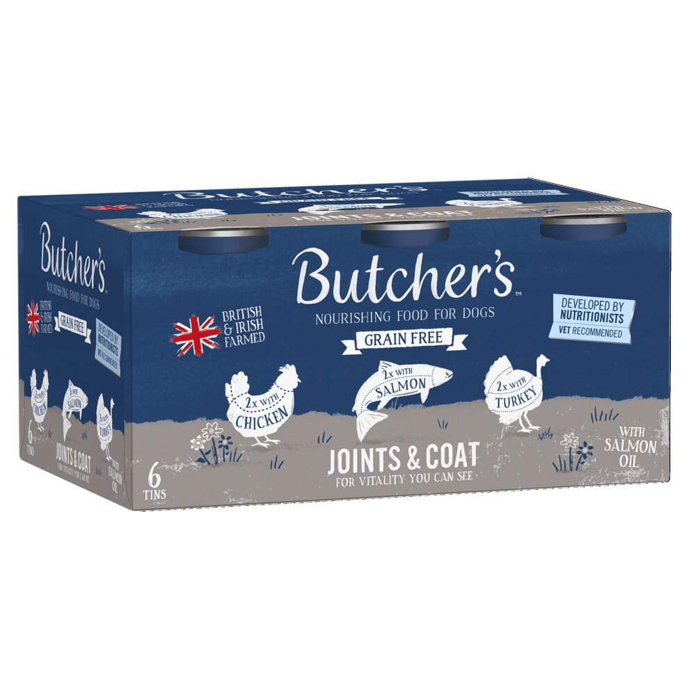 Butcher's Complete Wet Can Grain Free Hypoallergenic Adult Dog Food Joint & Coat Pack 6X390g - Chicken, Salmon & Turkey
