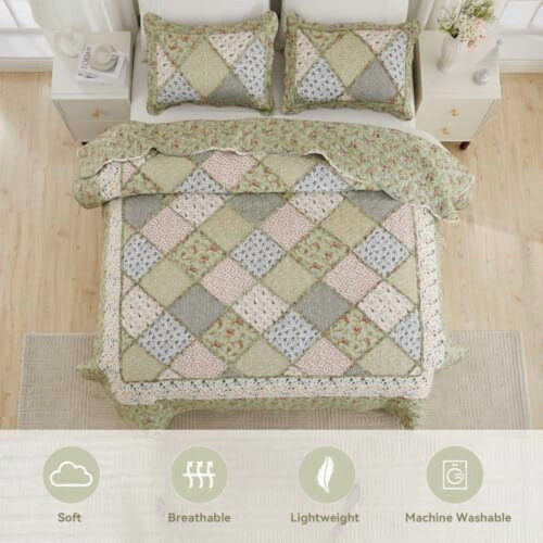 Queen Green Floral Patchwork Quilt Set Reversible 3-Piece 2